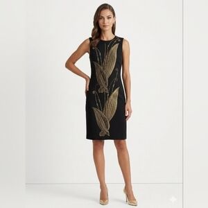 Black Sleeveless Sheath Dress with Gold Leaf Embroidery